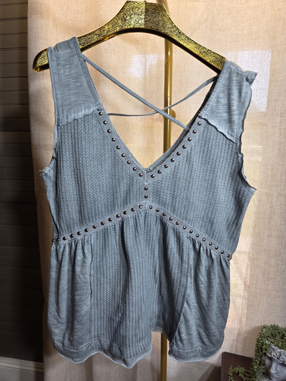 POL Slate Blue Studded Knit V-Neck Tank with Crisscross Back